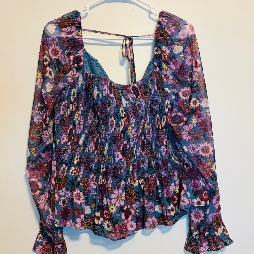 LC Lauren Conrad Floral Smocked Peasant Top - Purple & Blue